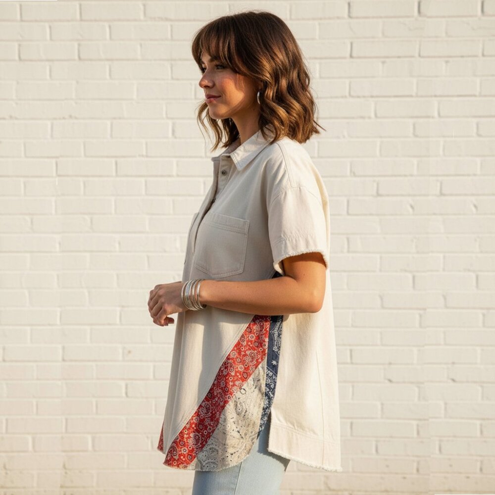 Bohemian ivory cotton shirt - Colorful patchwork side panel blouse